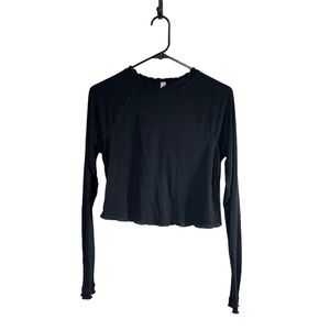 Free People Movement Ribbed Long Sleeve Cropped Lettuce Hem Flutter Back Shirt